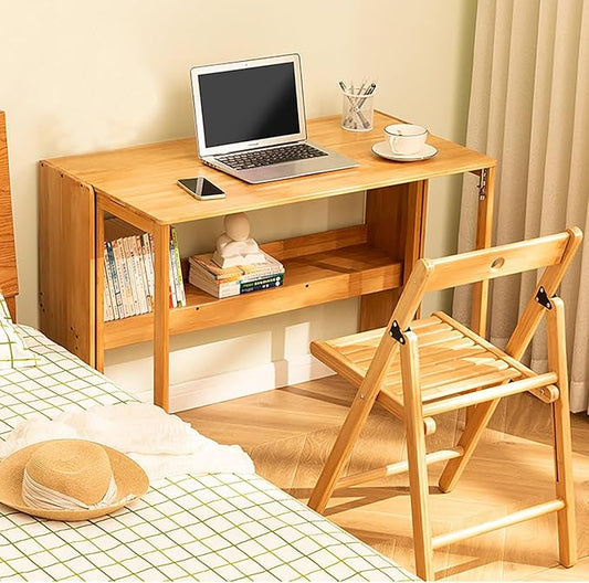 Modern Folding Desk Small Computer Table Writing Desk Laptop Desk Vanity Table Bamboo Workstation with Bookshelf for Home Office