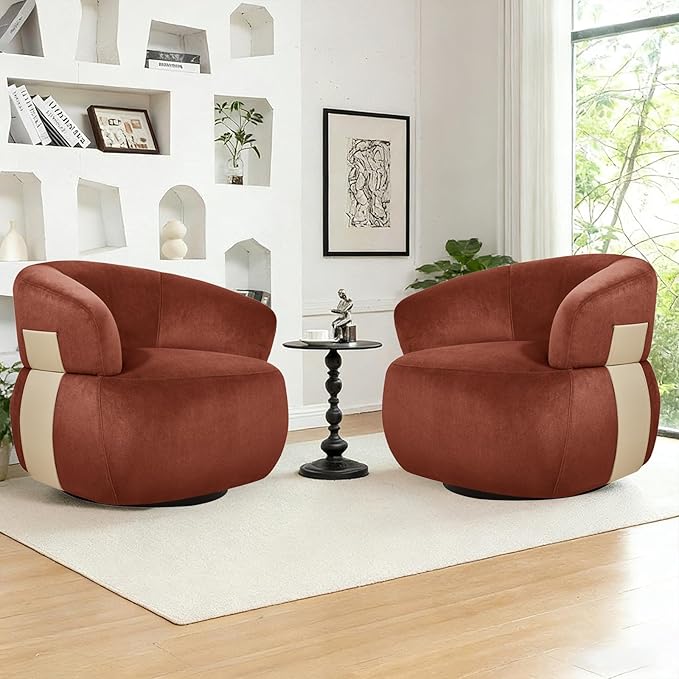 Swivel Barrel Accent Chairs-Modern Round Club Arm Chair Upholstered Living Room Armchair Single Sofa Seating Bedroom Side Reading Seat for Living Roon Office (Reddish-Velvet 2*Seats)
