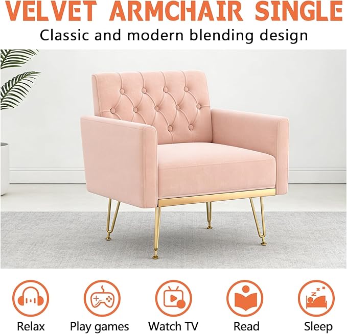 Pink Accent Chair for Living RoomBedroom | Mid Century Modern Velvet Armchair with Leg and Tufted BackComfy Small Single Reading Chair (Pink)