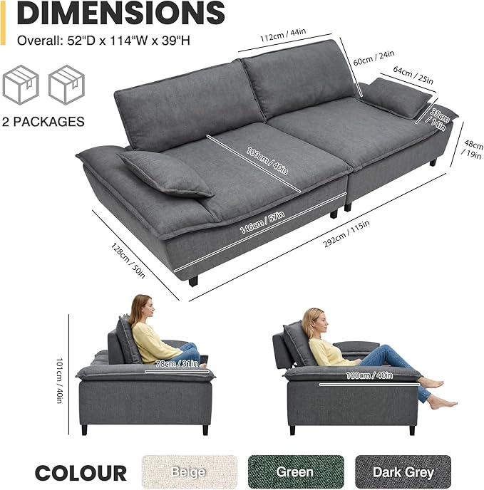 114” Oversized Sectional Sofa – Sailboat Cloud Couch with Adjustable Backrest Extra Deep &amp Wide Seats Modern Sleeper Sofa for Living Room (Grey 114-inch)