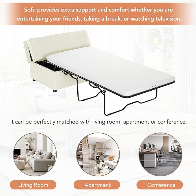 46 Ottoman Folding Bed Twin Size Convertible Ottoman Pull Out Bed with Memory Mattress Foldable Sofa Beds Dual Use Guest Sleeper Couch for Living Room Bedroom Guest Room RV (White+Chenille)