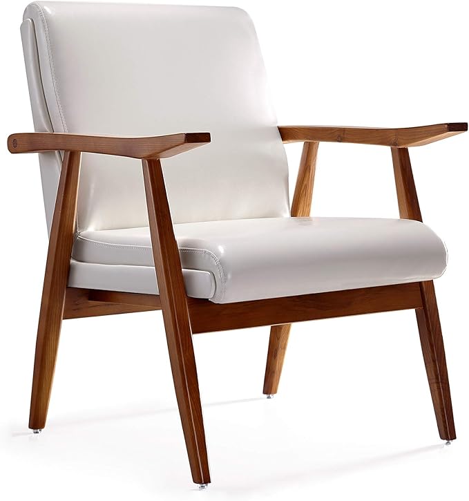 Manhattan Comfort Archduke Mid Century Modern Accent Chair Set of 2 Fully Assembled Made of Beech Wood Frame Upholstered in Faux Leather Ideal for Living Room Bedroom &amp Office Use White