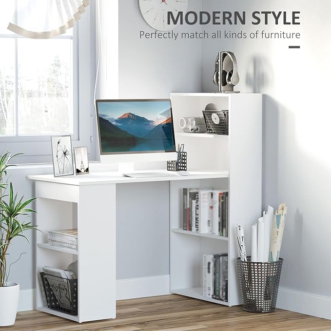 Modern Home Office Desk with Storage Shelves - 47 White Writing Table for Computer &amp Books