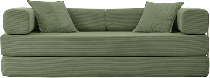 Folding Sofa Bed Convertible Sleeper Sofa Bed with Gold Fixed-Shape Frame Corduroy Floor Couch Lazy Compression Sofa for Living Room Bedroom Home Theater Green