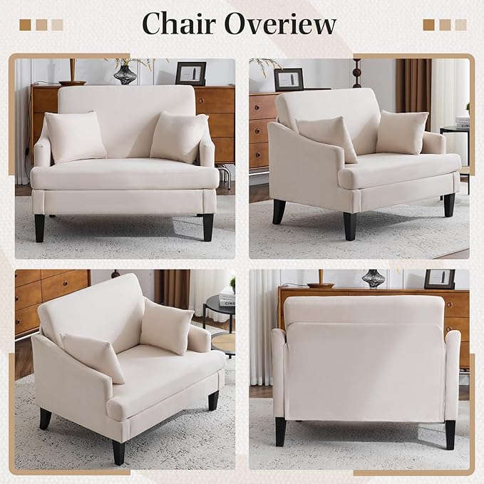 Bezseller Oversized Accent Chairs Set of 2 41'' Wide Accent Chairs with 2 Pillows for Living Room &amp Bedroom Modern Reading Chair Upholstered Single Sofa Chair Comfy Living Room Chair Beige