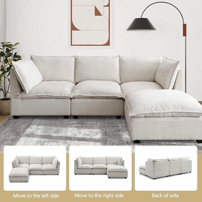 Oversized Modern Sectional Sofa Extra-Deep L-Shape Linen Fabric Cloud Couch Sectional with 5 Pillows Convertible Ottoman Freely Combinable Sofa for Living Rooms Apartments Offices (Beige 4 Seat)