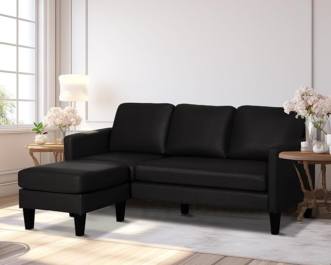 TITIMO Faux Leather Sectional Sofa L Shaped Sofa with Reversible Chaise Convertible Sectional Couch 3-Seater Modern Small Couches for Small Space (Black)