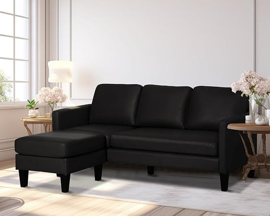 TITIMO Faux Leather Sectional Sofa L Shaped Sofa with Reversible Chaise Convertible Sectional Couch 3-Seater Modern Small Couches for Small Space (Black)