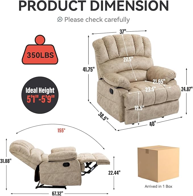 Manual Recliner Chair with Adjustable Recline for Living Room Oversized Lazyboy Recliner Chairs with Overstuffed Arm &amp Back Comfy Soft Fabric Lounge Single Sofa for Adults (Beige)