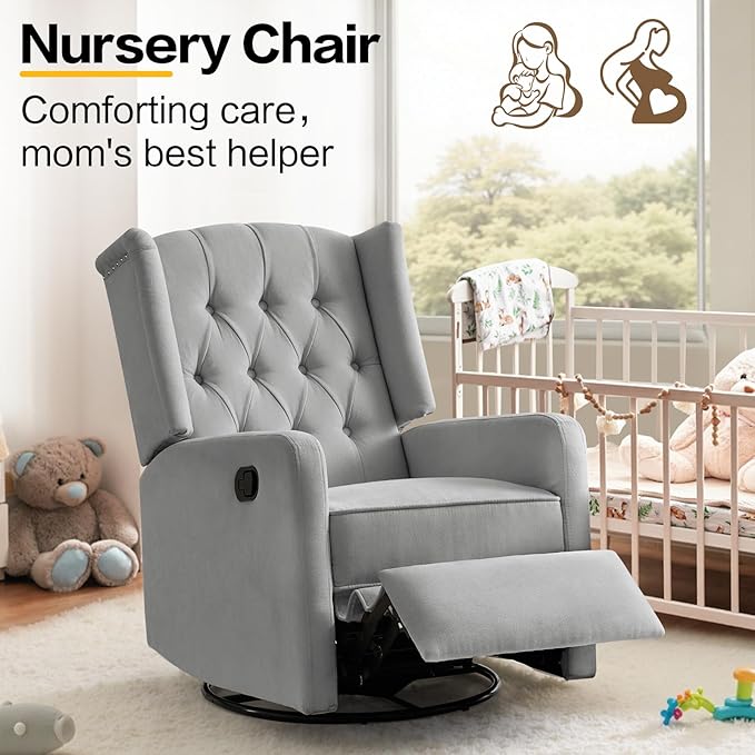 ABAKAN Swivel Rocker Recliner Chair 360 Degree Nursery Rocking Recliner Linen Glider Chair with Button Tufted Wingback Chair for Living Room Bedroom Gray