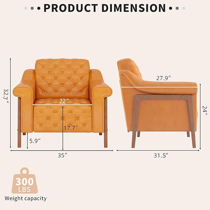 EJUNQ Cozy Accent ChairPU Leather Modern Living Room ChairsMid-Century Office Reading ChairSingle SofaArmchair for Bedroom Apartment Waiting Room(Orange)