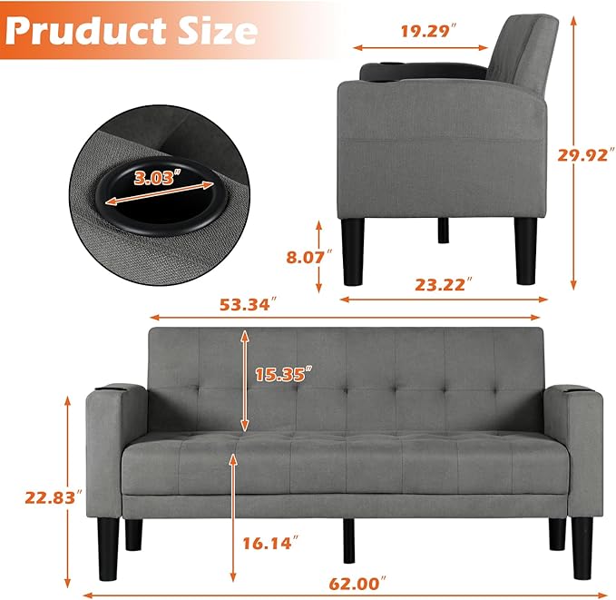 AILEEKISS 62 Loveseat Couches Upholstered Fabric Linen Love Seat Sofas Couch with 2 USB Cup Holders Side Pocket Modern Tufted Sofa for Living Room Office Bedroom Apartment (2-Seat Dark Grey)