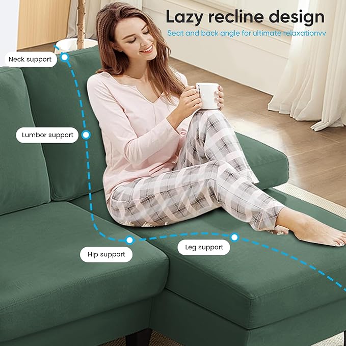 Mjkone 110 Width Sectional Couches with Chaises for Living Room U Shaped Cloud Sofa Couch with Ice Velvet Fabric Minimalist 4 Seater Sofa Set Living Room Sets Furniture for Home Office Green