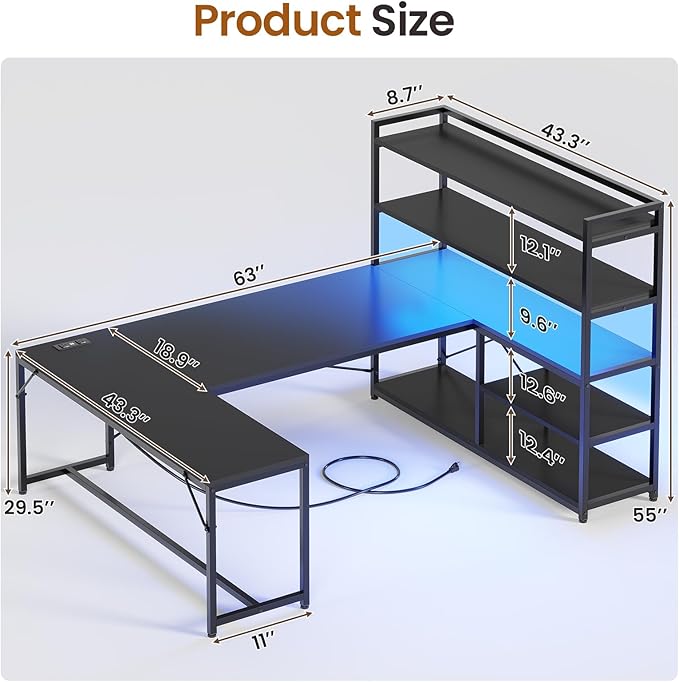 SEDETA L Shaped Gaming Desk 63'' Reversible Computer Desk with Power Outlet and Storage Shelves Corner Gaming Desk with LED Lights Bookshelf for Home Office Black