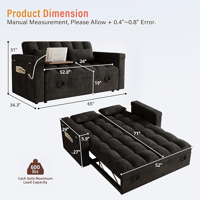 65'' 3-in-1 Convertible Sofa Bed with Adjustable Backrest Pull Out Sofa Velvet Couch Sleeper Side Table Easy Assembly for Living Room &amp Apartments Black