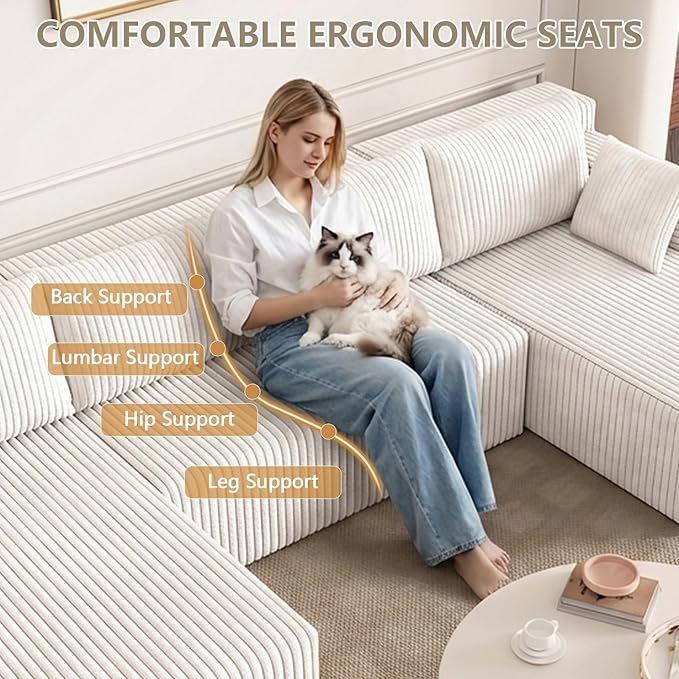124 U Shaped Cloud Couch Sectional Corduroy Upholstered 4-Seater Cloud Couches for Living Room Deep Seat Modular Boneless Sofa with Lounge Chaise No Assembly Required White
