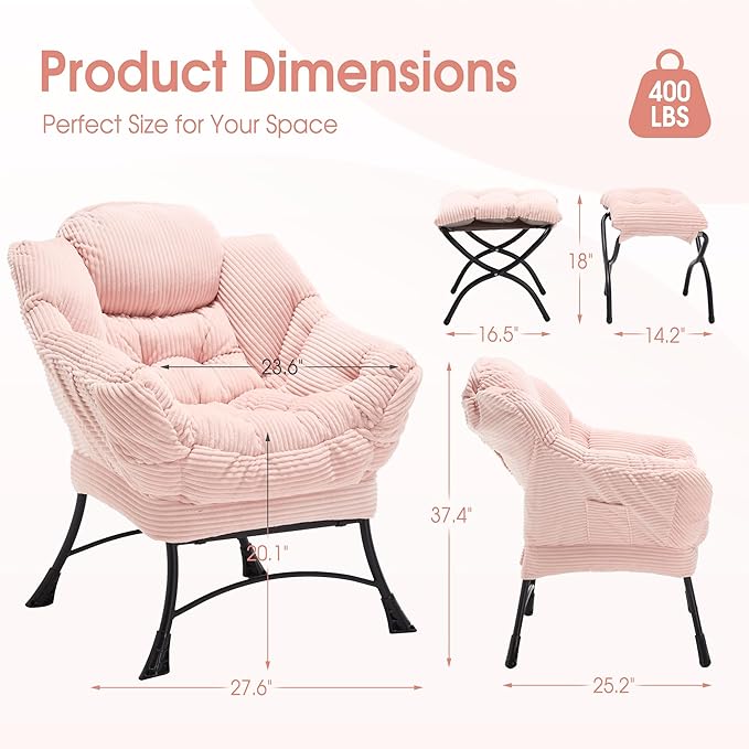 Lazy Chair with Ottoman Comfy Lounge Chair for Reading Relaxing and Napping Perfect for Living Room Bedroom or Office Pink