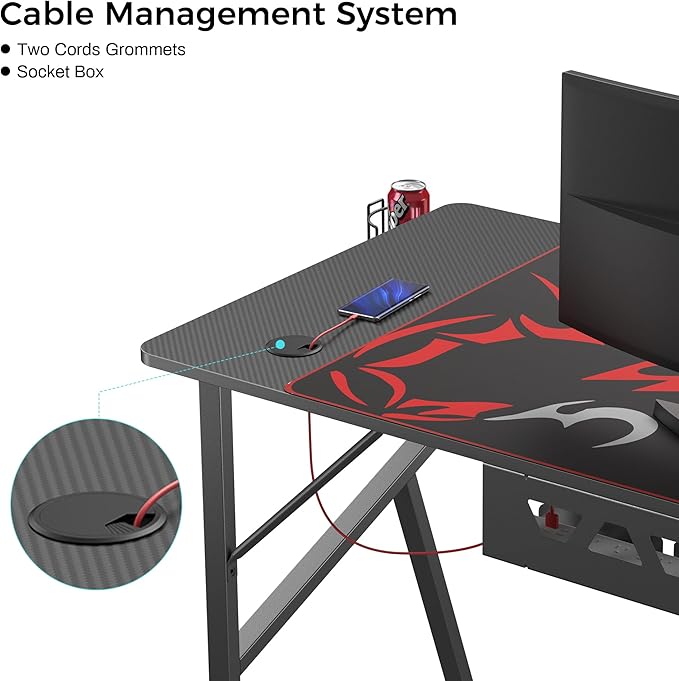 EUREKA ERGONOMIC Gaming Desk 47 Inch K Shaped Home Office PC Computer Desk Table for Gamer with Cable Management Carbon Fiber Black