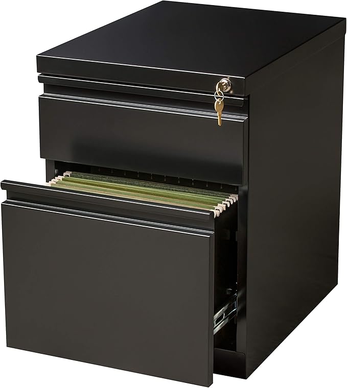 20 Inch Deep Metal Mobile Pedestal File 2 Drawer Box-File with Full Width Pull for Home and Office Holds Letter Width Hanging Folders Black