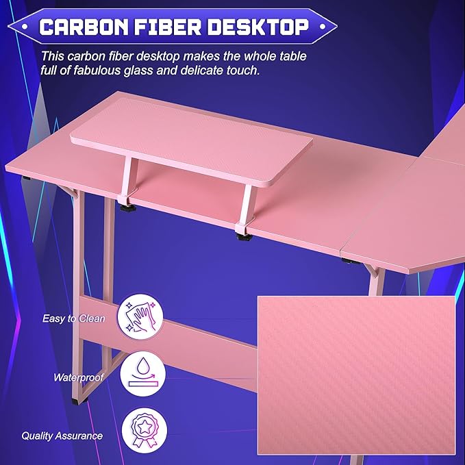 NChanmar L Shaped Gaming Desk with Monitor Riser Stand Home Office Corner Desk for Studying Working and Gaming Large Desktop Pink