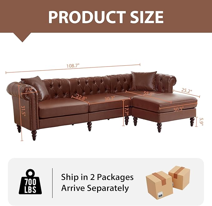 AVZEAR Chesterfield L Shaped Sofa Modular Sectional Leather Couch with Ottoman and Pillow Modern Sofa Bed PU Deep Seat Sofas Living Room Furniture Sets for Living Room Bedroom and Apartment Brown