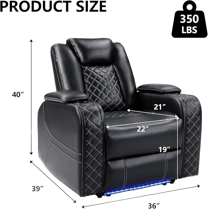 CANMOV Electric Power Recliner Chair Set of 3 with USB/Type-C Ports and Ambient LightingBreathable Faux Leather Home Theater Seating with Adjustable HeadrestCup HoldersHidden Arm StorageBlack