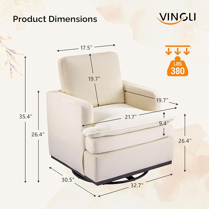 VINGLI Mid-Century Modern Single Swivel Armchair 360° Swivel Accent Chair Double-Layer Seat Cushions Upholstered Square Club Chair for Living Room Bedroom Reading RoomChenille Beige