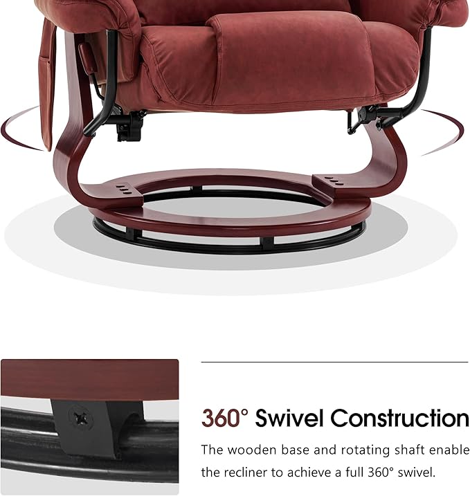 MCombo Swivel Recliners with Ottoman Reclining TV Chairs with Vibration Massage Faux Leather Ergonomic Lounge Chair for Living Room Bedroom 4832 (Burgundy)