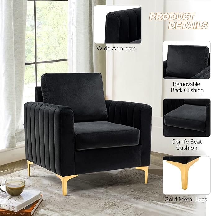 HULALA HOME Velvet Accent Club Chairs Set of 2 Modern Velvet Armchair Upholstered Accent Club Chairs Sofa Chairs with Gold Metal Legs Mid-Century Barrel Leisure Comfy Reading Armchair Black