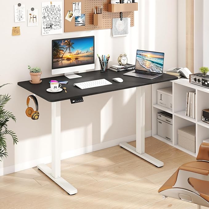 Giantex Electric Standing Desk 48 x 24 Height Adjustable Sit Stand Computer Workstation with 2 Memory Heights Headphone Hook Anti-Collision Design Home Office Computer Desk (Black+White)