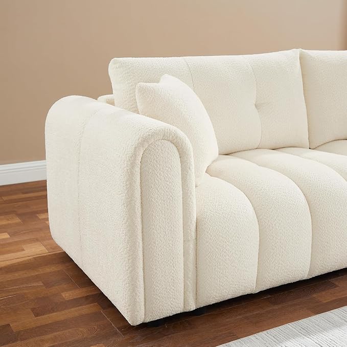 91.5 W Cloud Boucle Sofa for Living Room Modern Comfy Boucle Couch with Rolled Arms and Soft Pillows Teddy Oversized Loveseat for Apartment Studio Bedroom Cream White