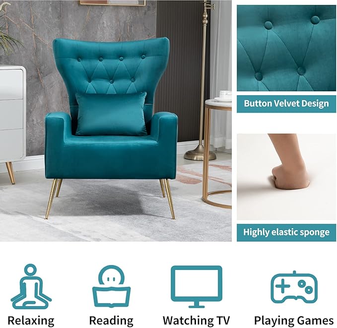 Button-Tufted Living Room Chairs Set of 2 WingBack Velvet Accent Chair Armchair with Lumbar Pillow Bedroom Chairs Vanity Chair Arm Chair with Golden Legs Teal