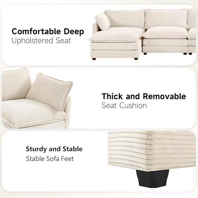 4 Seat Modular Sofa 148'' Oversized Modern Corduroy Sectional Couch with 4 Pillows Upholstered Cloud Deep Seat Sofa for Living RoomBeige