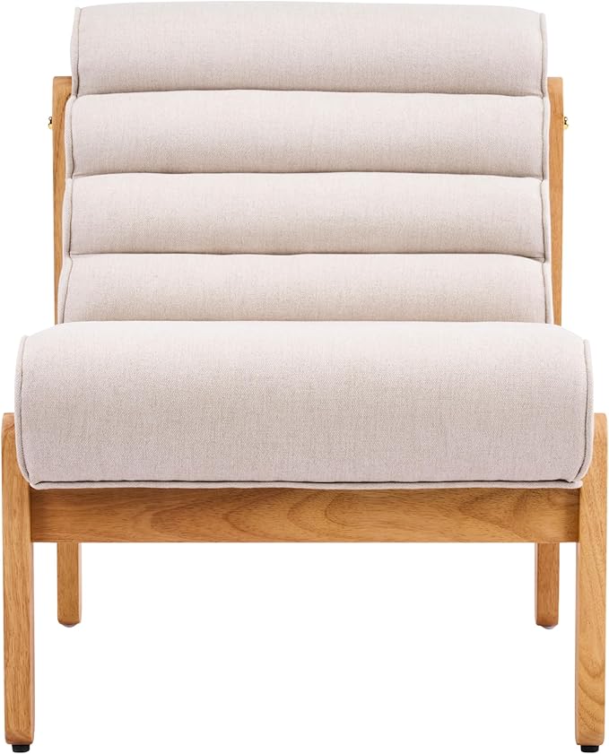 Scott Living Fluffy Low Profile Accent Chair Modern Living Room Armless Lounge Chair Fabric Comfy Reading Chair for Bedroom Wooden Frame and Thick Padded Seat Dark Beige+Natural