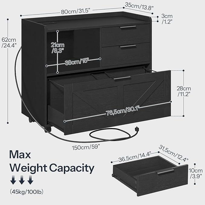 HOOBRO Lateral File Cabinet Wooden Office Storage Drawers with Charging Station Filing Cabinet for Home Office A4/Letter/Legal-Sized Files Printer Stand with Open Storage Spaces Black BB37UWJ01