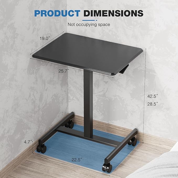 Rolling Laptop Stand Small Standing Desk with Wheels Adjustable Height Rolling Table with Metal Base Lockable Catsers Computer Rolling Table for Couch Home Office 25.7'' × 19'' Black