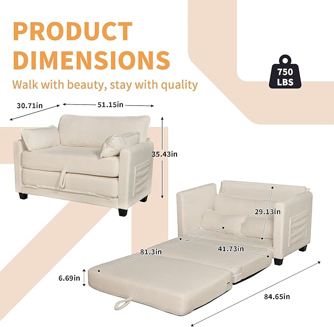 Convertible Sofa Bed Loveseat Sleeper Sofa with Side Storage &amp Solid Wood Frame Corduroy Small Couch Bed for Small Space Pull Out Floor Couch for Apartment Guest (Beige 51)