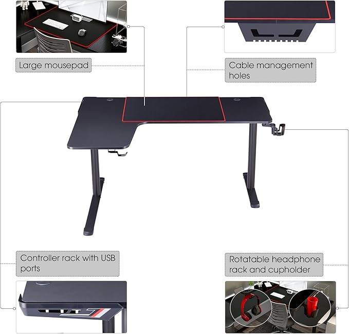 Homes: Inside + Out Kindira Modern Steel Gaming Desk with USB Ports PC Mouse Pad and Rotatable Cup-Holder for Home Office Classroom Study Room Black L-Shape