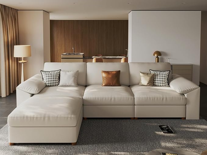 EASE MOOSE Leather Sectional Couch Oversized Modular Sectional Sofas Wide Deep Seat Modular Couch Scratch Resistant Faux Leather Material L Shaped Sofa for Big Spaces Beige