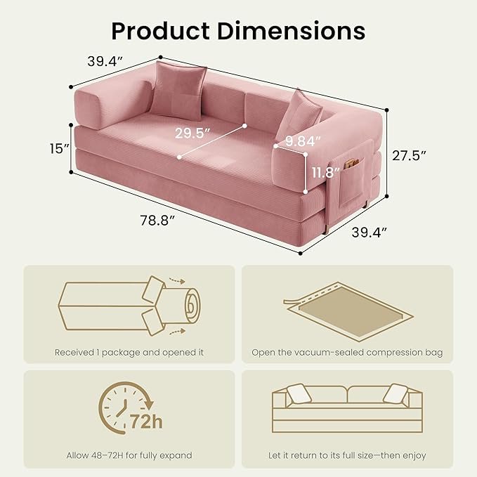 78.8 Convertible Futon Sofa BedCorduroy Futon Couch with Storage PocketFolding Pull Out SofaNo Assembly Boneless Couch for Living Room | Pink
