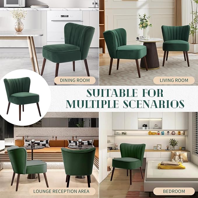 Modern Velvet Accent Chair Set of 2 Soft Upholstered Living Room Chair with Wooden Legs Comfy Armless Lounge Chair for Living Room/Makeup/Office/Bedroom Green