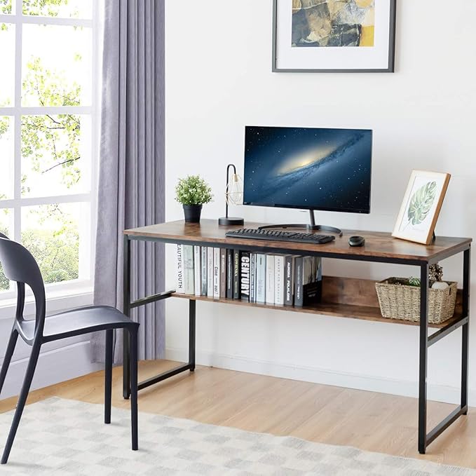 DORTALA 55 Industrial Computer Desk Contemporary Writing Table w/Storage Shelf Large Tabletop Sturdy Metal Structure Adjustable Foot Pads