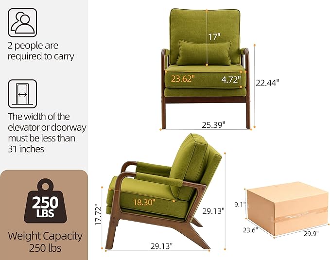 Mid Century Modern Chair Set of 2 Upholstered Lounge Arm Chair with Solid Wood Frame Comfy Accent Chair for Living Room Bedroom Reading ReceptionGreen