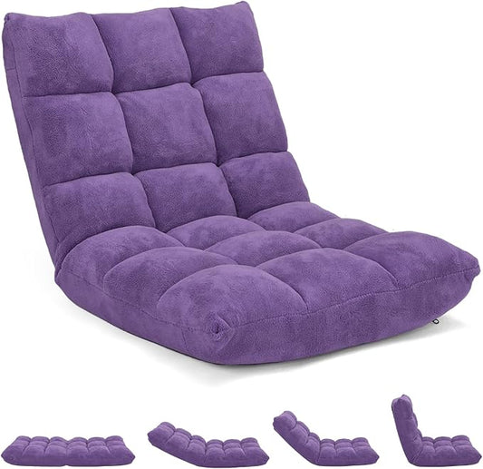 14-Position Floor Sofa Folding Gaming Sofa Chair Comfy Cushions &amp Study Steel Frame Angle Adjustable Sleeper Bed Couch Recliner (Purple)