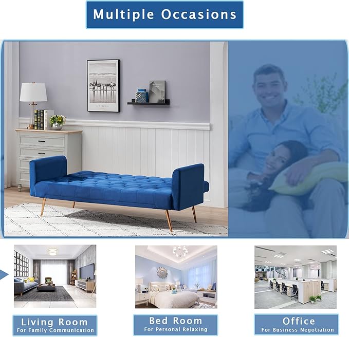 KINFFICT Velvet Futon Sofa Bed with 2 Pillows Convertible Sleeper Sofa Couch with 3 Angle Adjustable Backrest Modern Loveseat with 4 Golden Metal Legs for Living Room and Bedroom