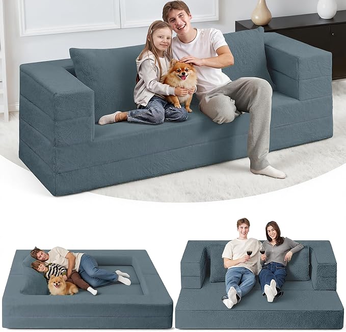 Futon Sofa Bed with Pillow 3-in-1 Sleeper Sofa Bed with Removable Cover Convertible Floor Sofa Bed No Assembly Boneless Couch for Living Room Bedroom
