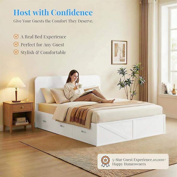 PUREMIND Murphy Bed Full with Mattress Included Wood Cabinet Bed with Dual Storage Drawers &amp 2 Pillows 3-in-1 Convertible Sofa Beds for Small Space Guest Room White