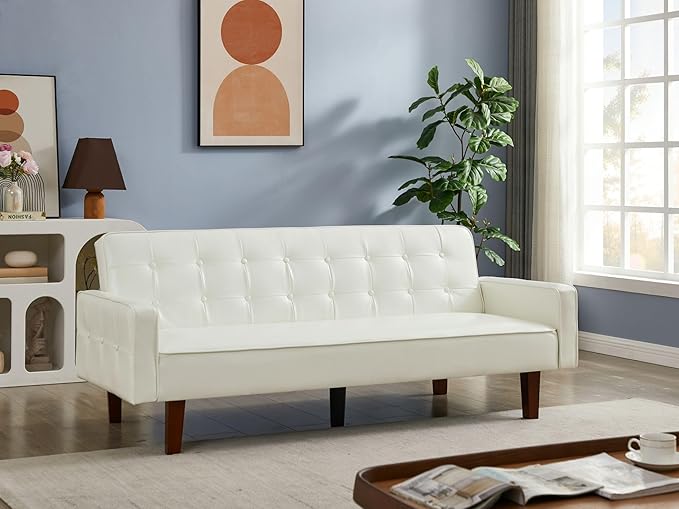 Vegan Leather Sofa Bed Sleeper Couch 74.4 Inch Convertible Loveseat Size for Small Space 3 Seater Chesterfield Button Tufted for Office Apartment Dorm Living Room White