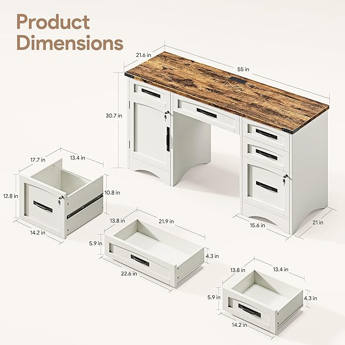 Farmhouse Executive Desk with Drawers 55 Home Office Desks with Fast Charging Station Lockable File Cabinet Wood Writing Computer Desk for Work Study White