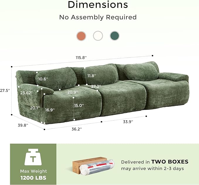 WELAX 116 Modular Cloud Sofa Boneless Sectional Couches for Living Room with Memory Foam 3 Seater Modern Chenille Sofas Home Comfy No Assembly Couch for Apartment Green